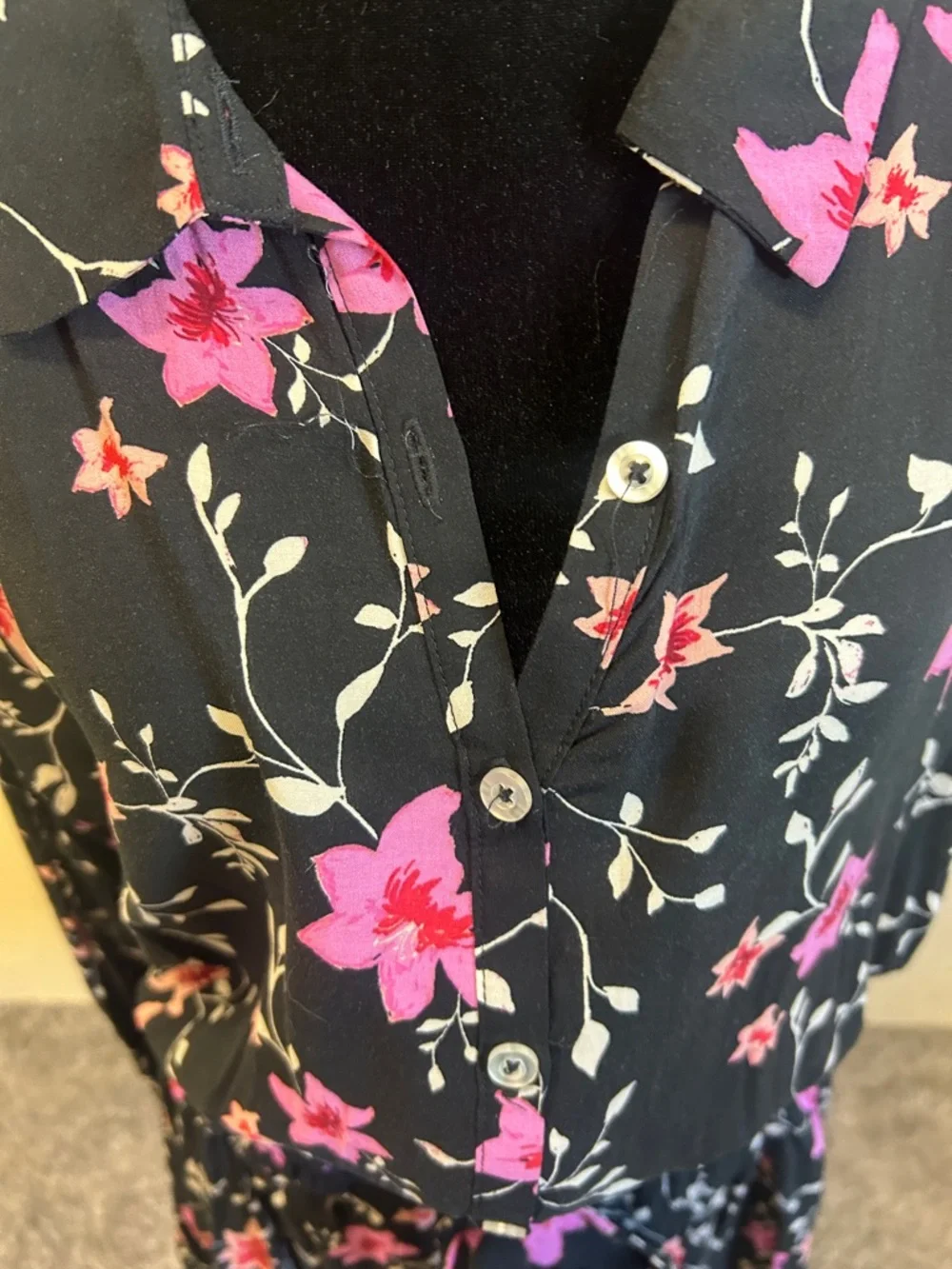 Free People Black Floral Button-Front Long Sleeve Dress with Pink Flowers - Picture 4 of 6